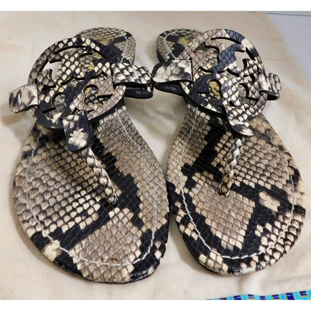 Tory Burch Miller Beige Black Python Embossed Leather Thong Flats sz 7.5 M - Picture 2 of 4